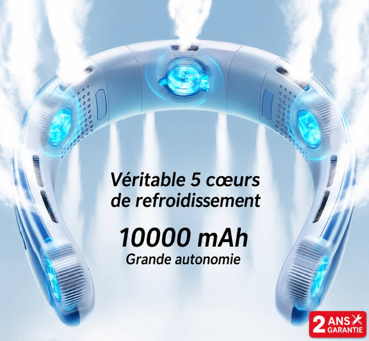 Ventilateur de Cou Rechargeable 10000mAh — Refroidissement 5 Cœurs