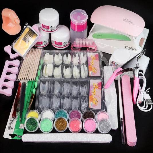 Nail Acrylic Powder and Liquid Monomer Nails Art Kit Decoration For Manicure Set Kit Crystal Glitter 3D Nail Tips Carving Tools