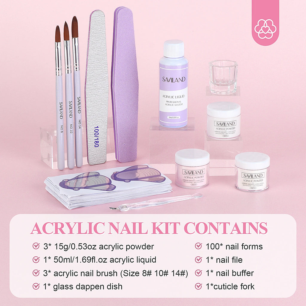 SAVILAND Acrylic Nail Kit Beginner White Pink Clear Powder Liquid Set 8 10 14 Brush Forms Manicure Tools Home Salon DIY Starter