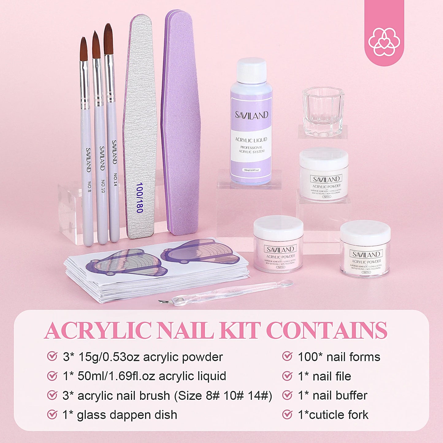 SAVILAND Acrylic Nail Kit Beginner White Pink Clear Powder Liquid Set 8 10 14 Brush Forms Manicure Tools Home Salon DIY Starter