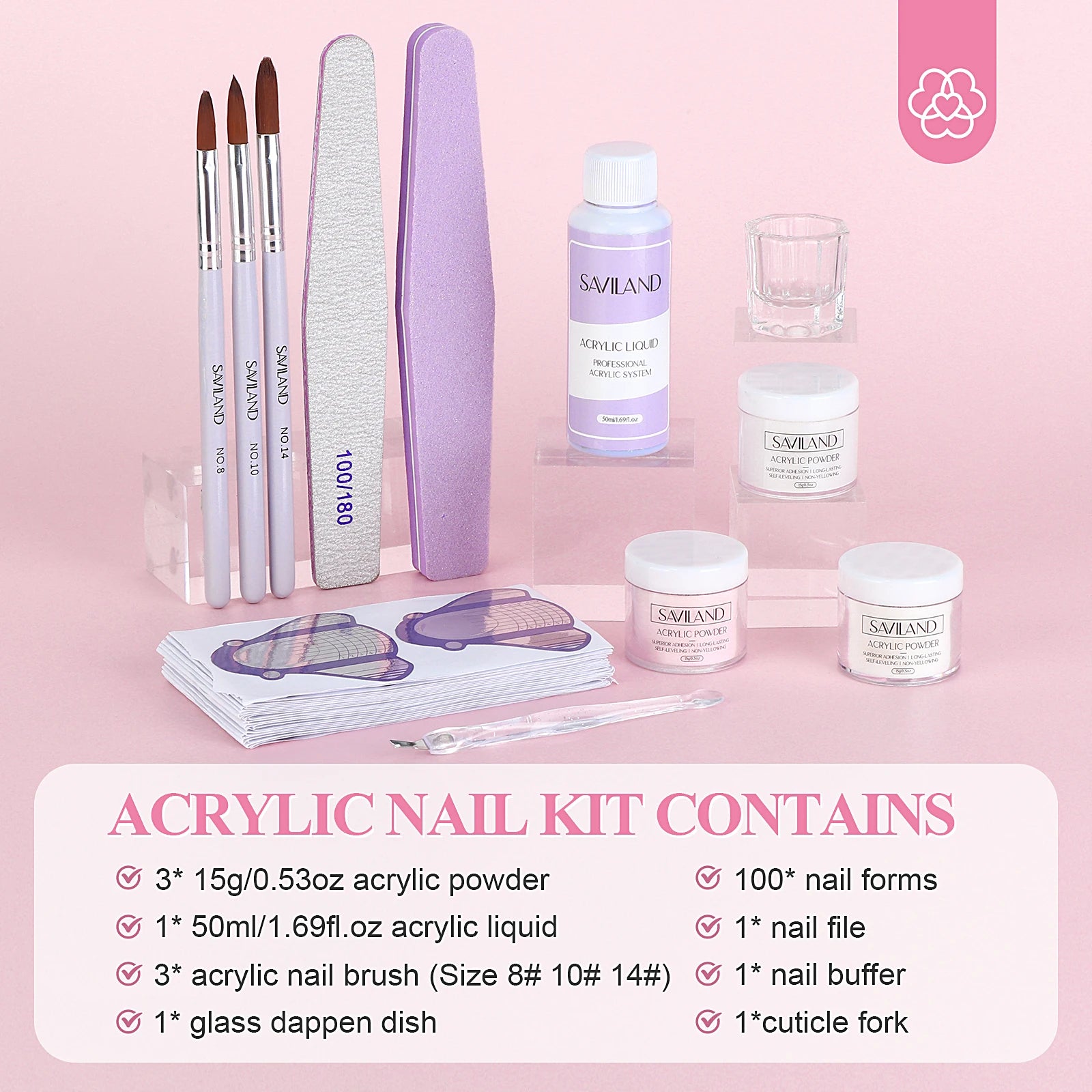 SAVILAND Acrylic Nail Kit Beginner White Pink Clear Powder Liquid Set 8 10 14 Brush Forms Manicure Tools Home Salon DIY Starter