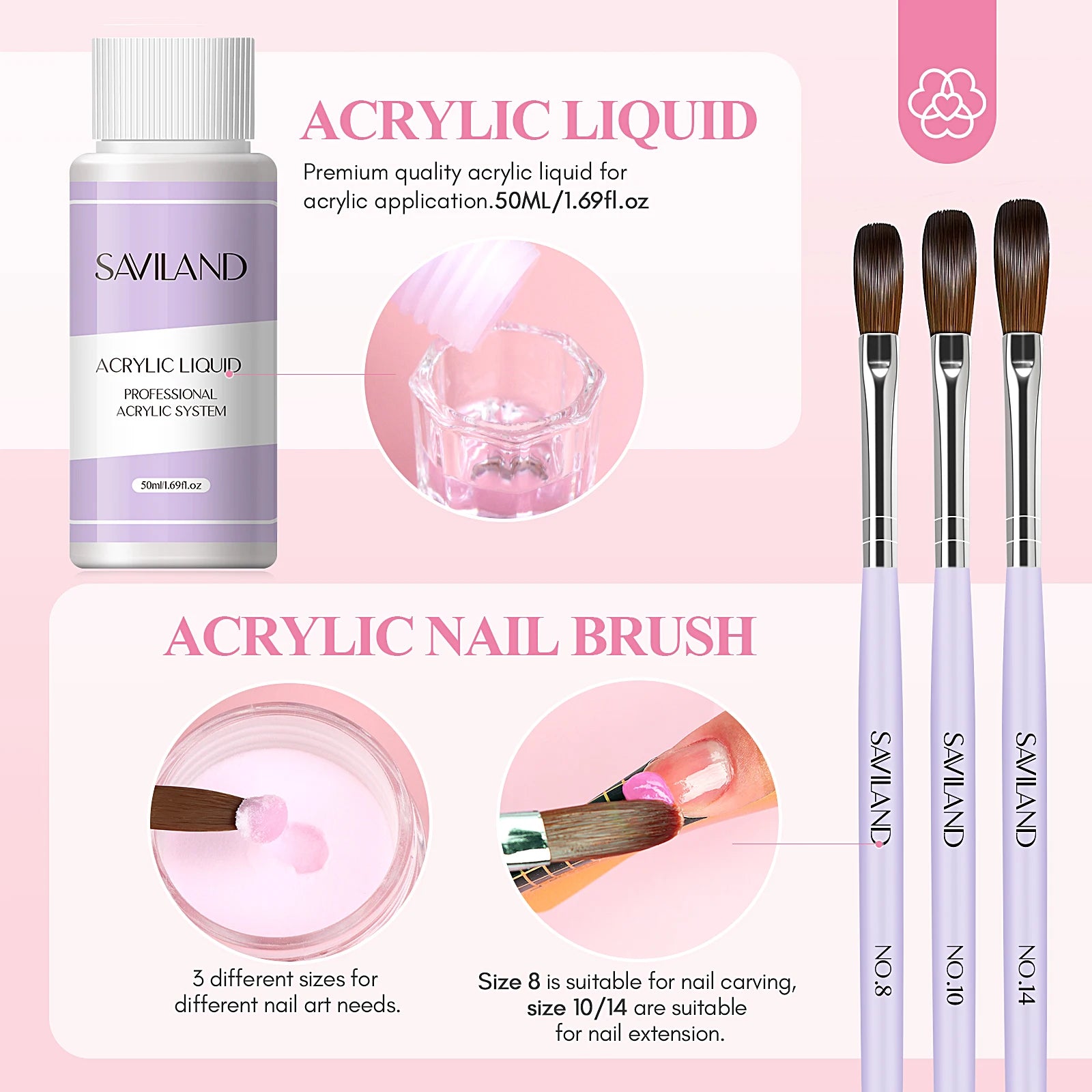 SAVILAND Acrylic Nail Kit Beginner White Pink Clear Powder Liquid Set 8 10 14 Brush Forms Manicure Tools Home Salon DIY Starter