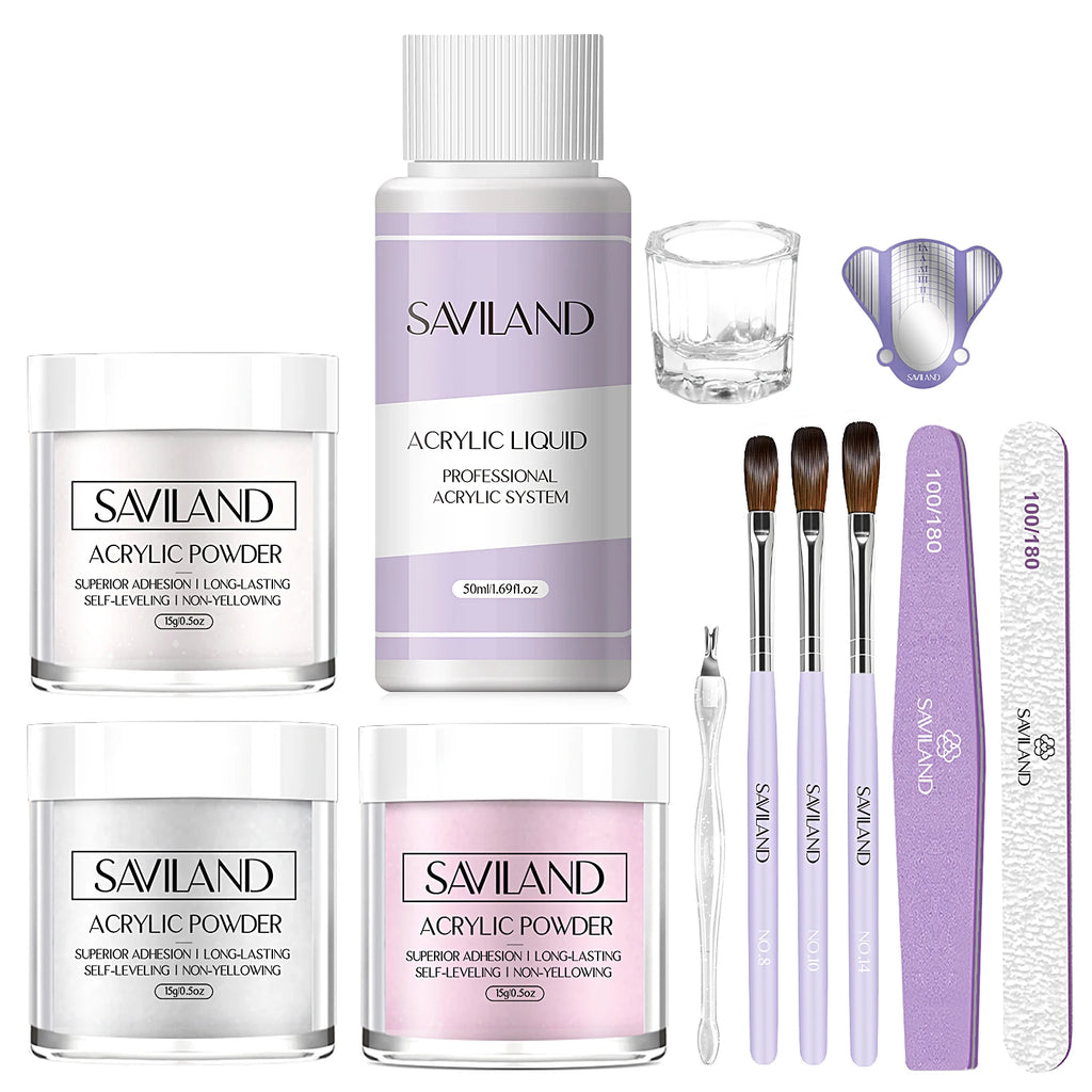 SAVILAND Acrylic Nail Kit Beginner White Pink Clear Powder Liquid Set 8 10 14 Brush Forms Manicure Tools Home Salon DIY Starter