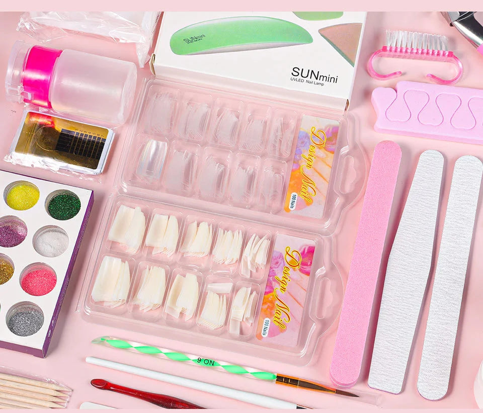 Nail Acrylic Powder and Liquid Monomer Nails Art Kit Decoration For Manicure Set Kit Crystal Glitter 3D Nail Tips Carving Tools