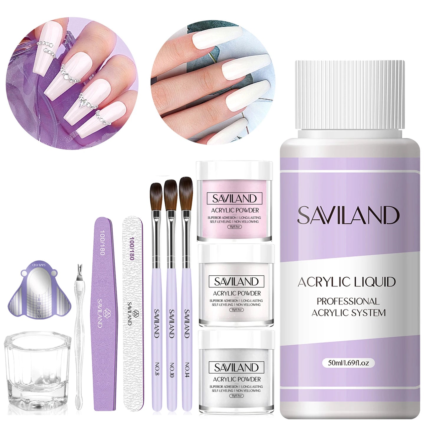 SAVILAND Acrylic Nail Kit Beginner White Pink Clear Powder Liquid Set 8 10 14 Brush Forms Manicure Tools Home Salon DIY Starter