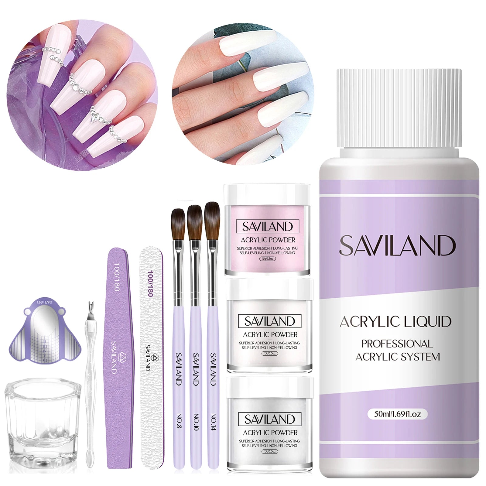 SAVILAND Acrylic Nail Kit Beginner White Pink Clear Powder Liquid Set 8 10 14 Brush Forms Manicure Tools Home Salon DIY Starter