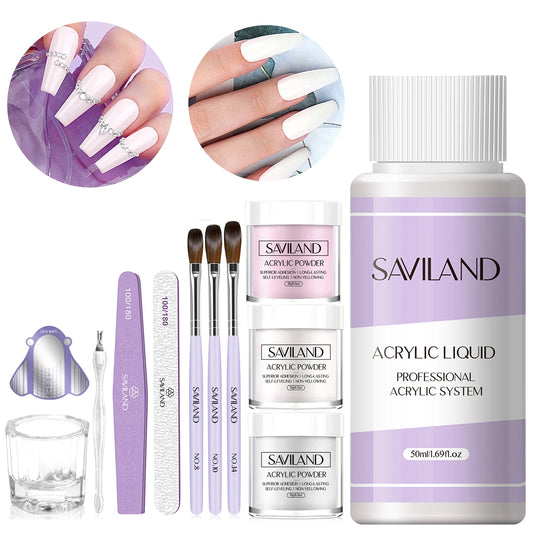 SAVILAND Acrylic Nail Kit Beginner White Pink Clear Powder Liquid Set 8 10 14 Brush Forms Manicure Tools Home Salon DIY Starter