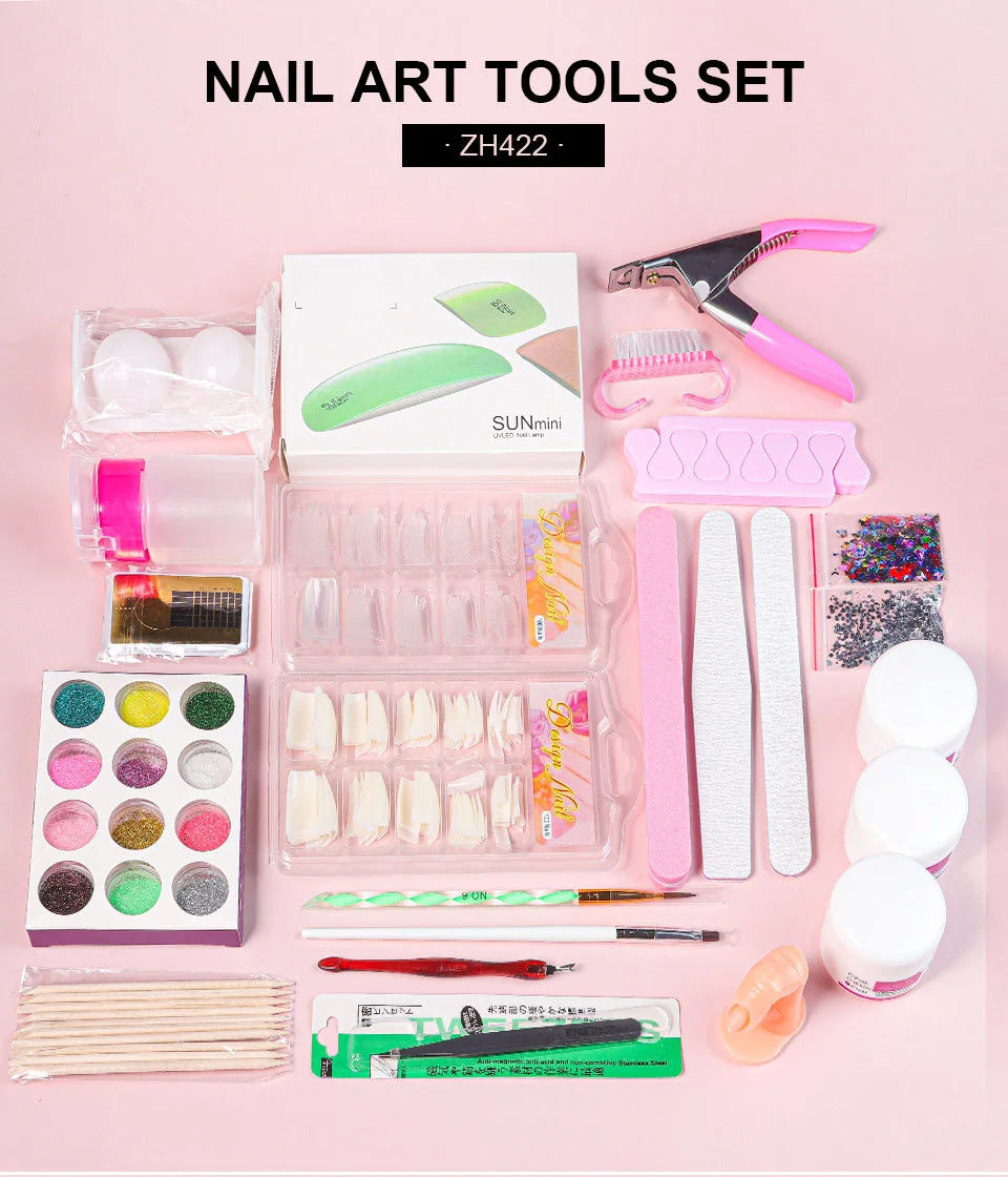 Nail Acrylic Powder and Liquid Monomer Nails Art Kit Decoration For Manicure Set Kit Crystal Glitter 3D Nail Tips Carving Tools