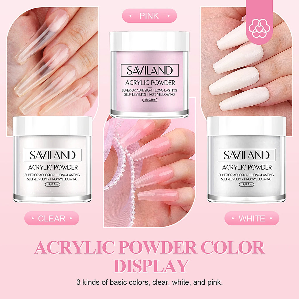 SAVILAND Acrylic Nail Kit Beginner White Pink Clear Powder Liquid Set 8 10 14 Brush Forms Manicure Tools Home Salon DIY Starter