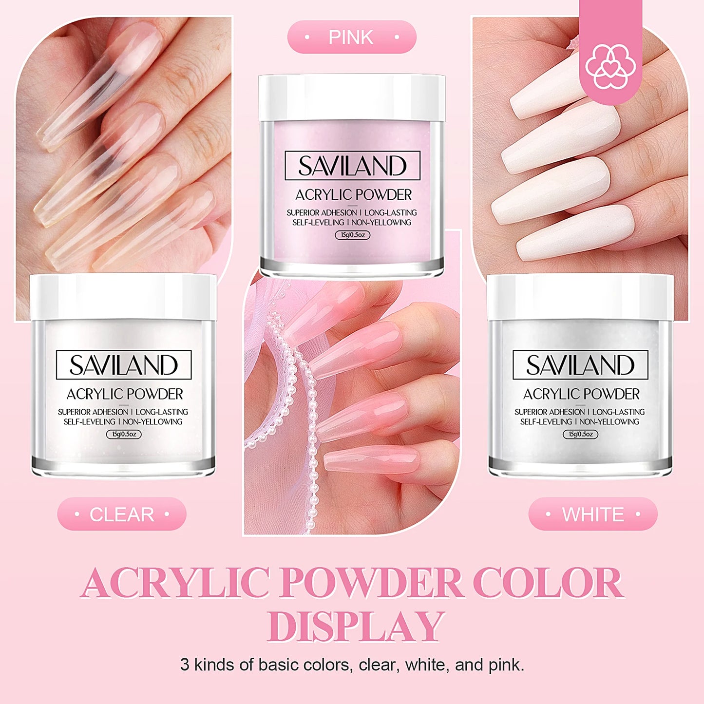 SAVILAND Acrylic Nail Kit Beginner White Pink Clear Powder Liquid Set 8 10 14 Brush Forms Manicure Tools Home Salon DIY Starter